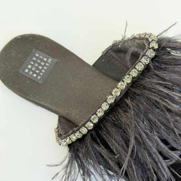 White House Black Market Women’s Flats 8 Black Velvet Feather Rhinestone Mules - Picture 6 of 7